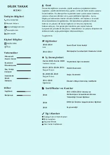 Eczacı CV Örnekleri cv indir